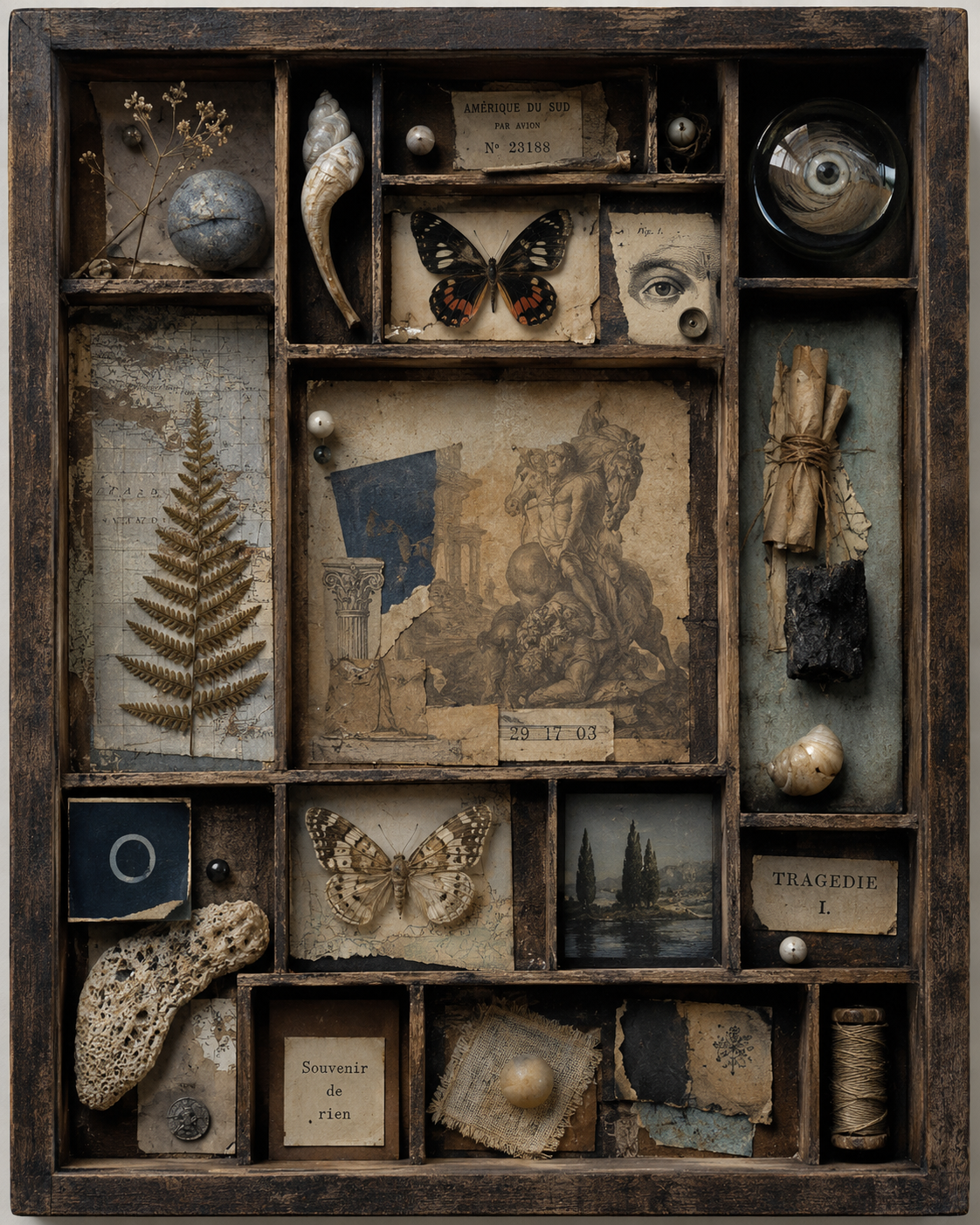 Kastenassemblage mit historischen Bildfragmenten, Schmetterlingen, Landkarte, Pflanzen, Muschel und einem Auge unter Glas