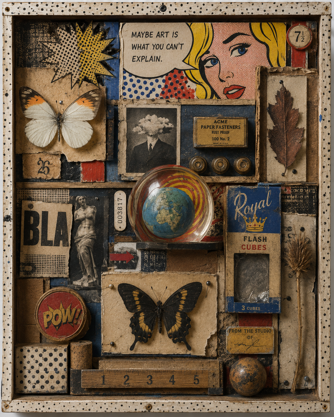 Pop-Art-Assemblage mit Comicfragment, Rasterpunkten, Schmetterlingen, Reklameschachtel, Weltkugel und Fundstücken