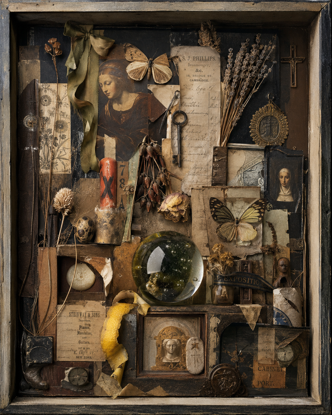 Dichte dunkle Assemblage mit Schmetterlingen, getrockneten Pflanzen, Schlüssel, religiösen Bildfragmenten, Papiergewicht und Schriftstücken