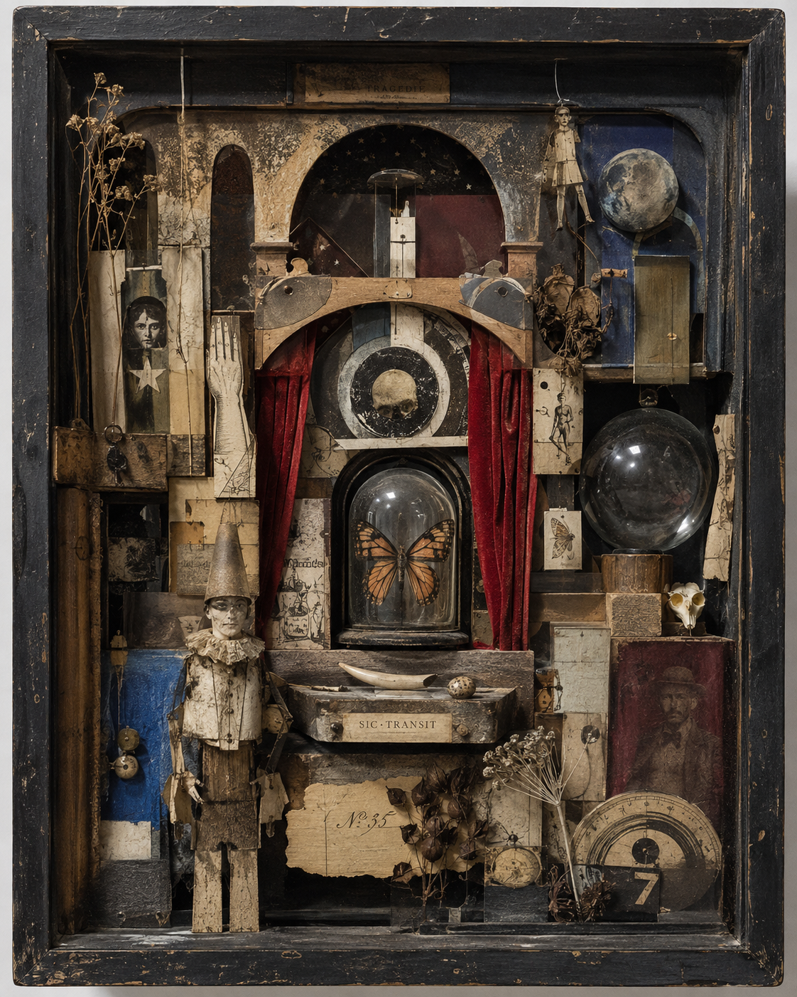 Dunkle, bühnenartige Assemblage mit Schmetterling unter Glas, Papierfragmenten, Figuren, Pflanzen und Himmelskörpern