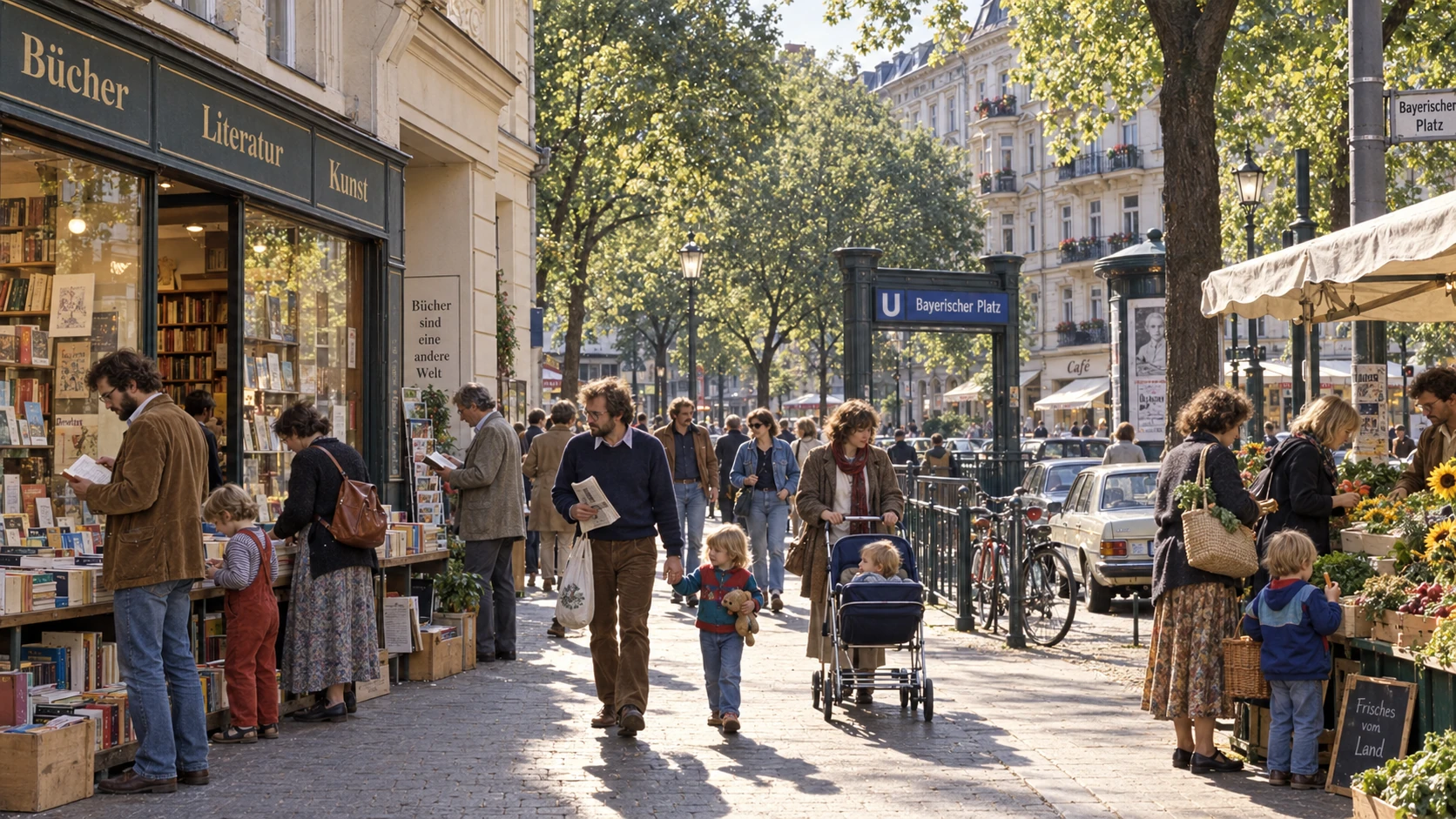 KI-generierte historische Szene am sonnigen Bayerischen Platz mit Buchhandlung, Marktständen und Passanten