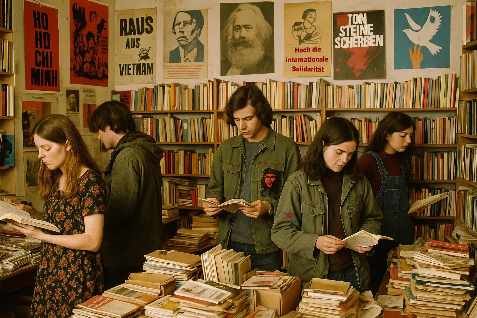 KI-generierte historische Szene junger Menschen in einer politischen West-Berliner Buchhandlung