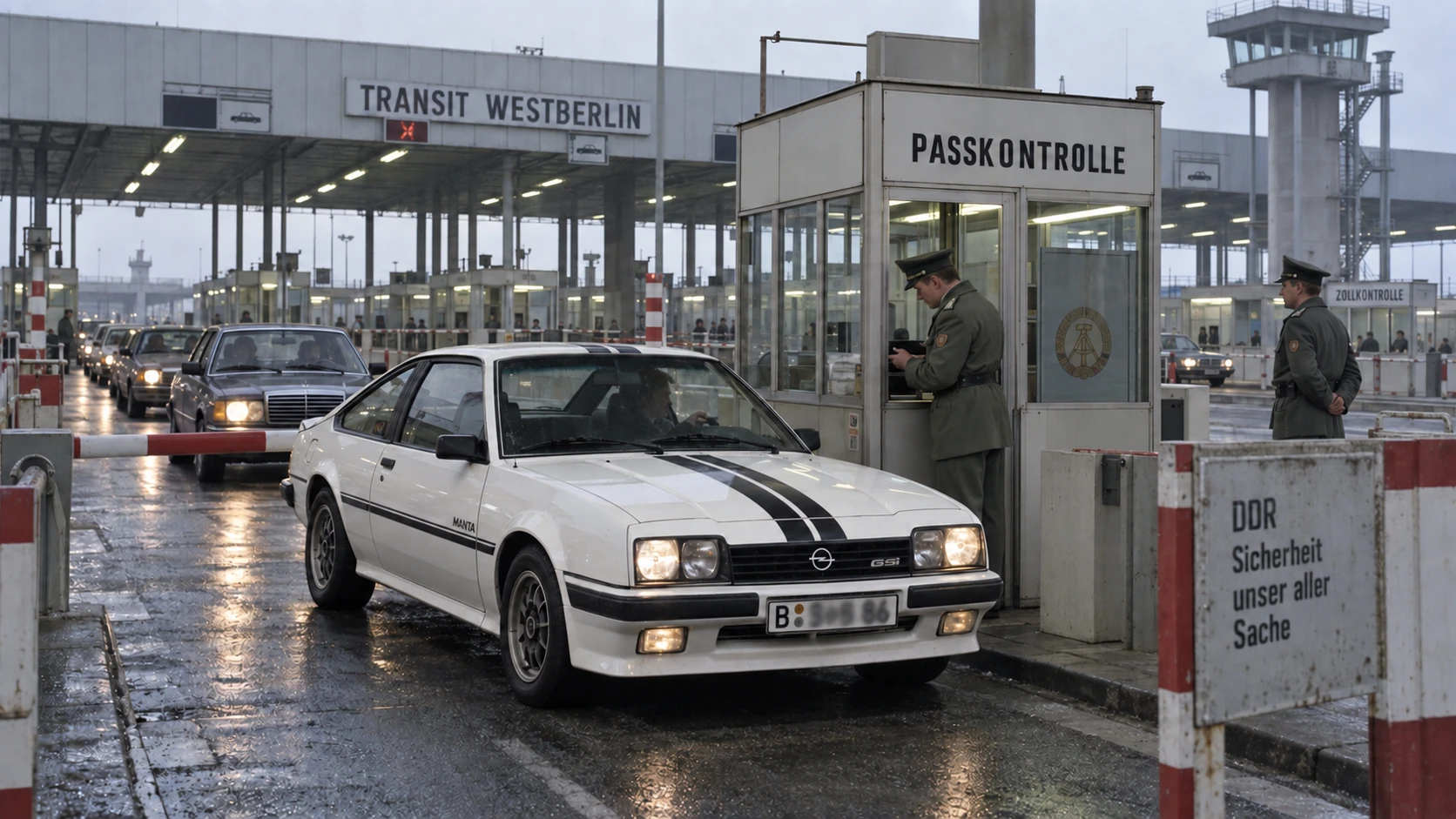 KI-generierte historische Szene eines weißen Opel Manta an einer DDR-Grenzübergangsstelle auf der Transitstrecke nach West-Berlin