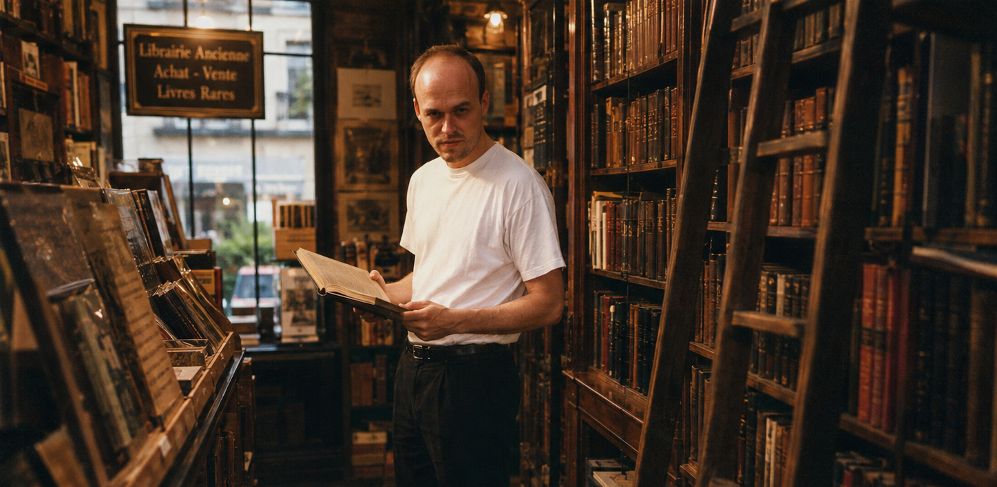 Goedart Palm lesend in einem Pariser Antiquariat mit hohen Bücherregalen und Leitern