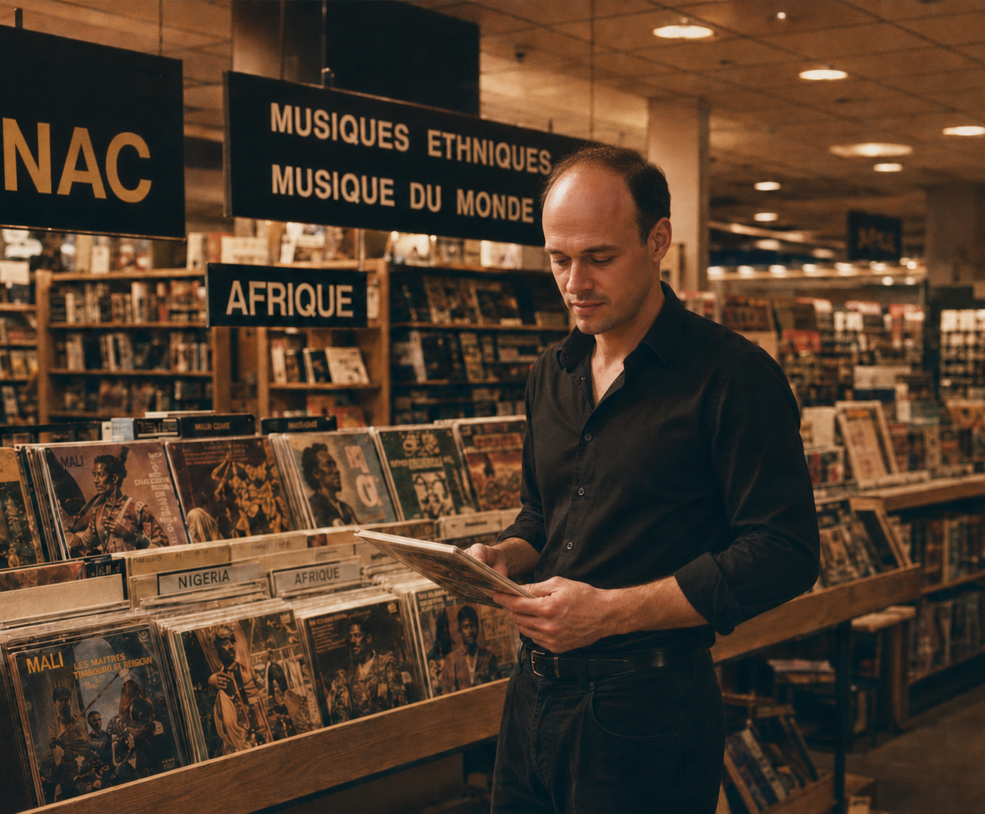 Goedart Palm in einem schwarzen Hemd mit einer Schallplatte in der Weltmusikabteilung der Pariser FNAC