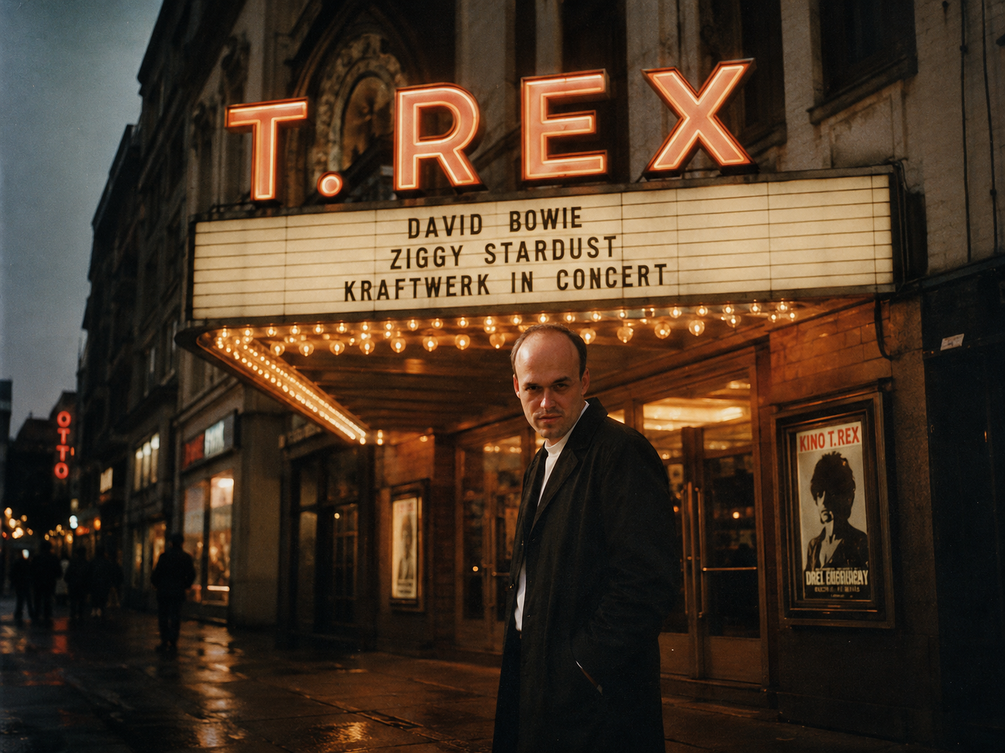 Goedart Palm vor einem alten Kino mit T.-Rex-Leuchtschrift und Ankündigungen für David Bowie und Kraftwerk