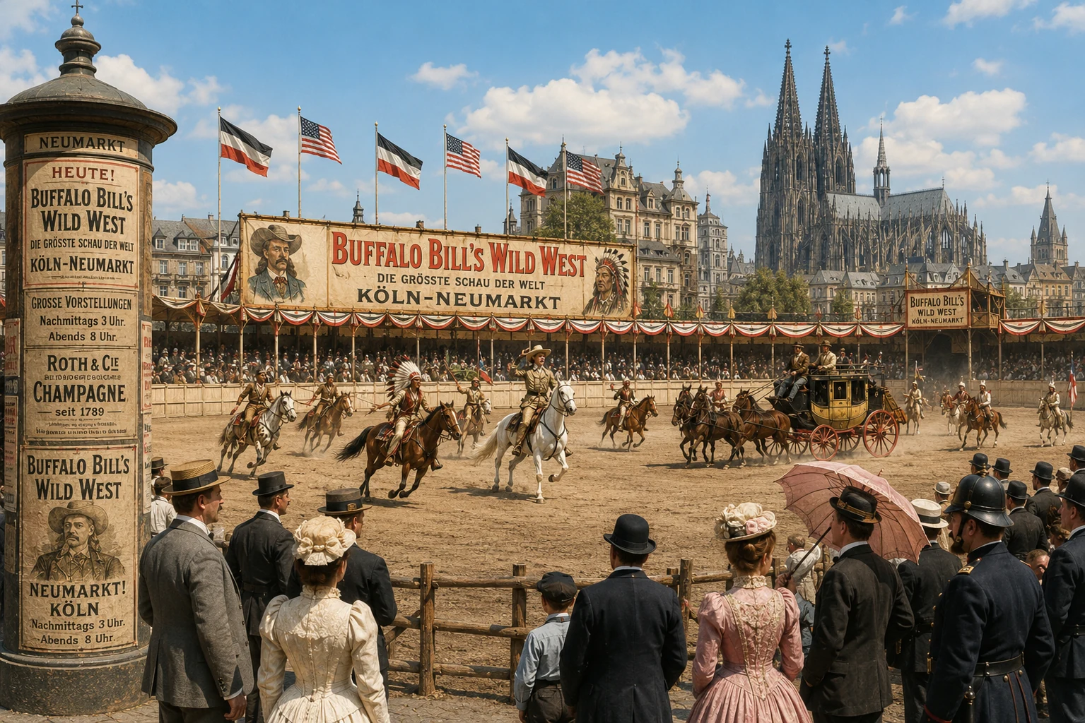 Farbige Kölner Stadtfantasie mit Wildwest-Arena, Publikum und Domkulisse am Neumarkt