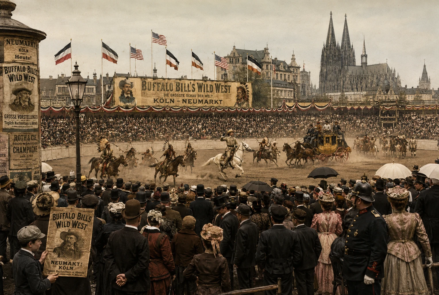 Historisierende Kölner Stadtfantasie einer Wildwest-Schau auf dem Neumarkt vor dem Dom