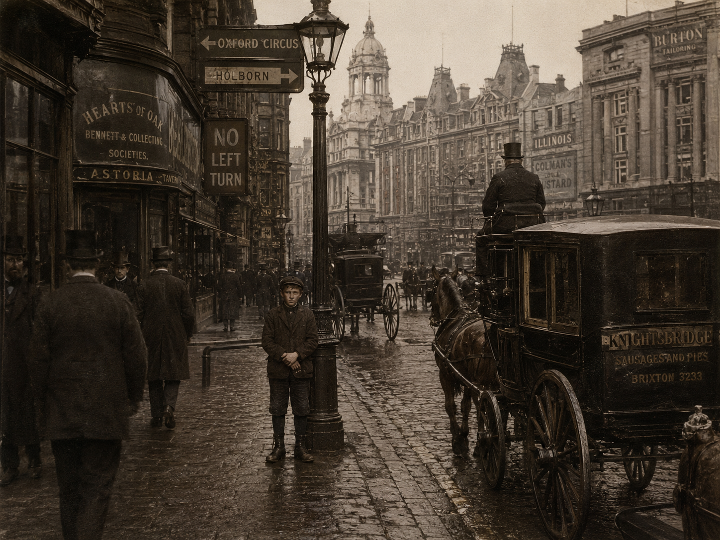 Historische Reimagination einer Londoner Straßenszene mit einem Jungen, Pferdekutschen und Gaslaternen