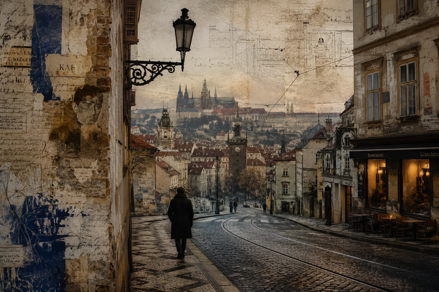 Ein Flaneur geht durch eine abfallende Prager Straße mit Blick auf Burg und Dächer