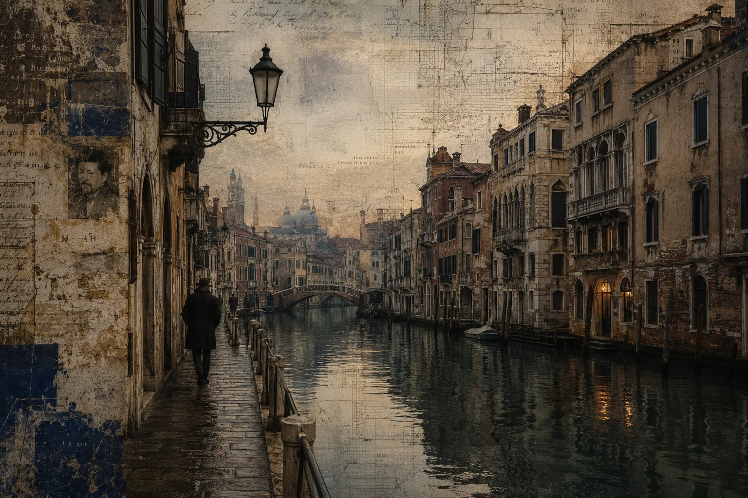 Ein Flaneur geht an einem stillen venezianischen Kanal entlang