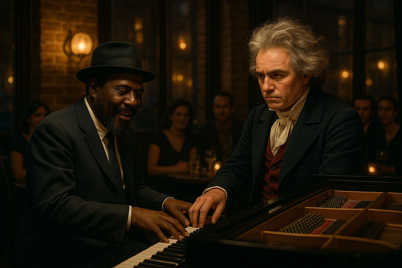 Fiktive nächtliche Begegnung Beethovens mit einem schwarzen Jazzpianisten am Flügel