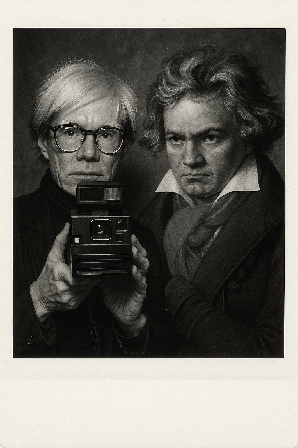 Fiktives Schwarzweißporträt von Andy Warhol mit Sofortbildkamera neben Beethoven