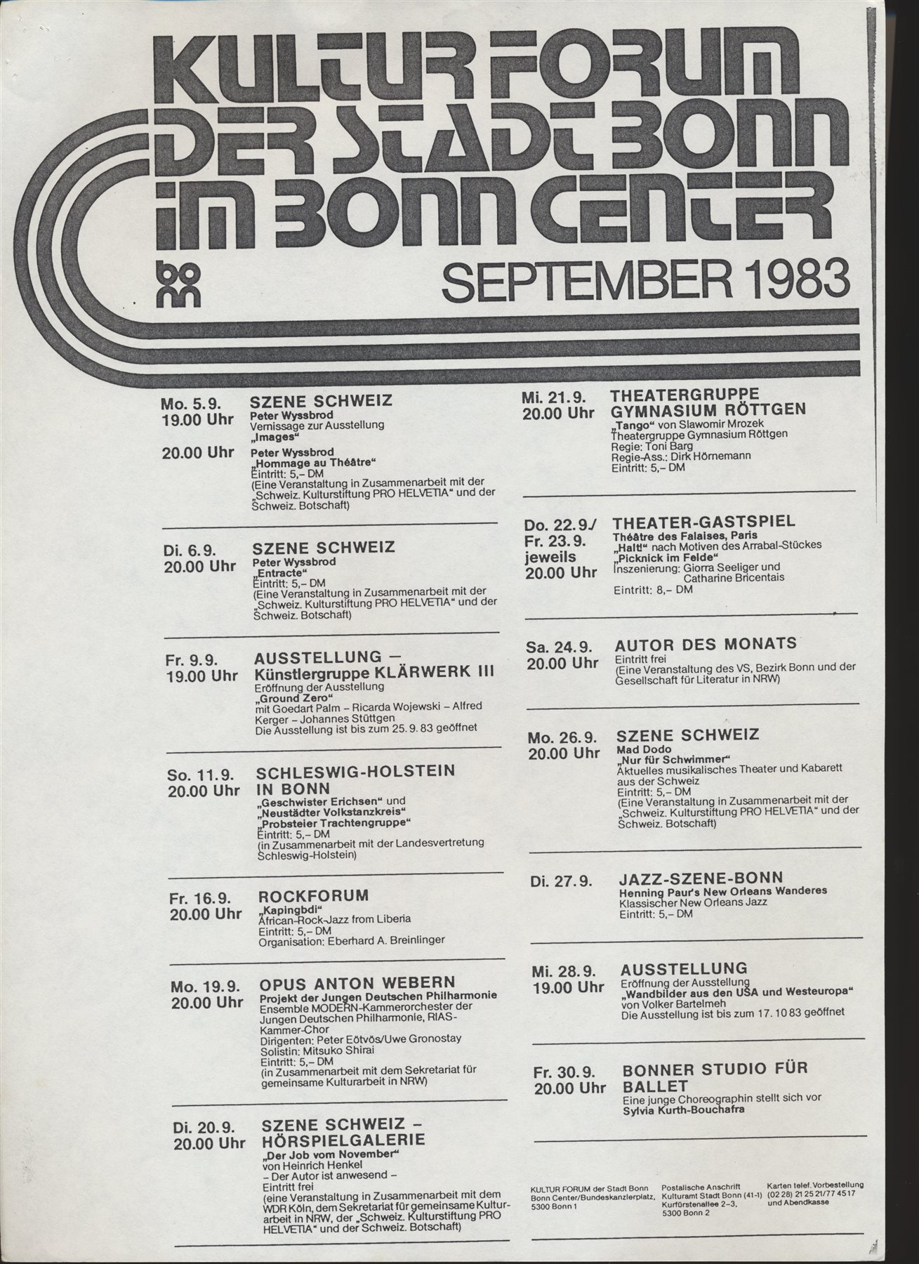 Programm des Kulturforums der Stadt Bonn vom September 1983