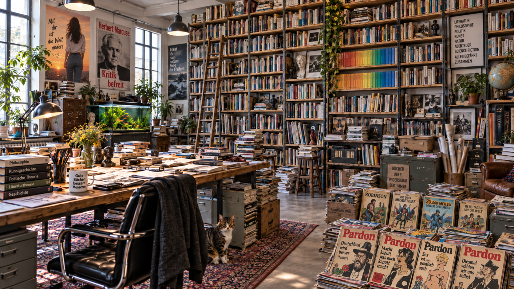 Panorama eines Arbeitszimmers mit großer Bücherwand, Zeitschriften, Aquarium, Plakaten und Arbeitstisch