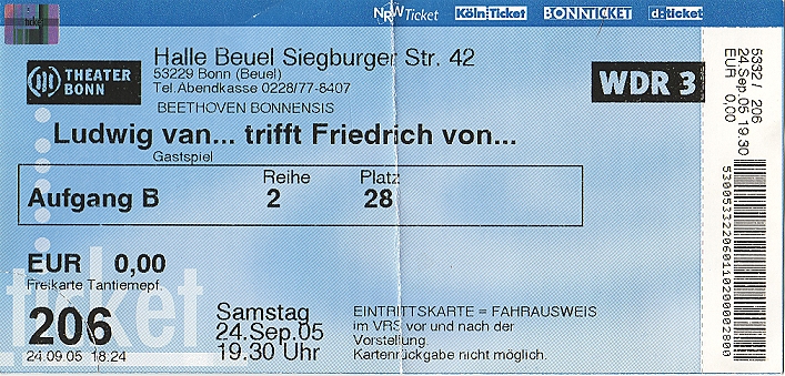 Eintrittskarte zur Aufführung in der Halle Beuel am 24. September 2005