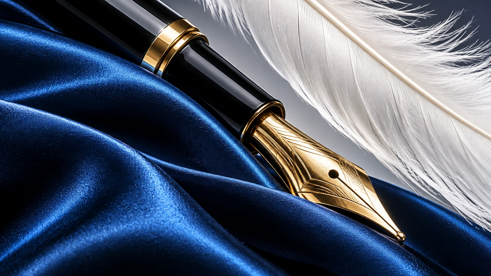 Goldene Füllfeder, schwarzer Schaft, blauer Satin und eine weiße Feder in extremer Nahsicht