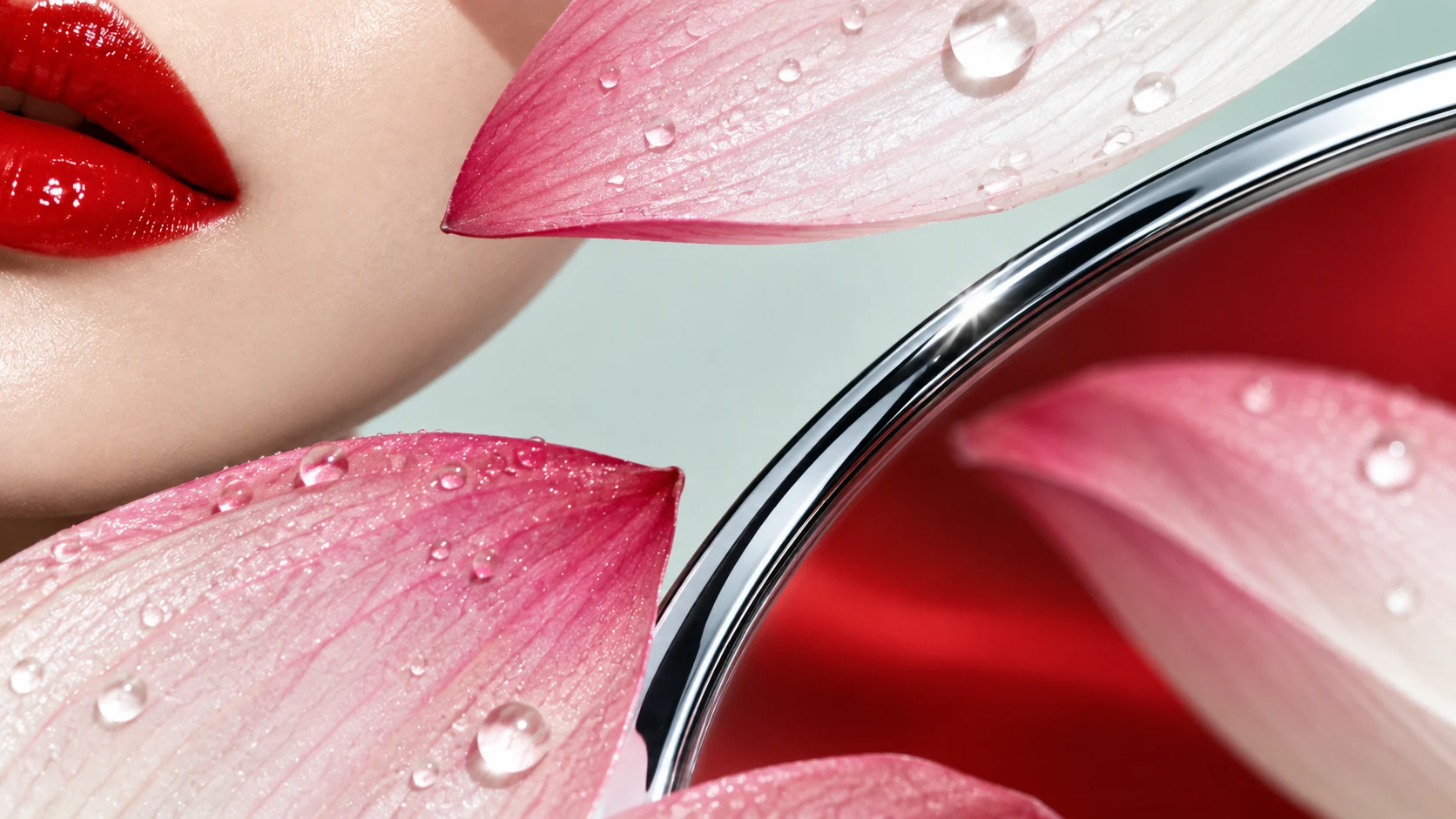Rote Lippen, rosafarbene Blütenblätter mit Wassertropfen und ein spiegelnder roter Kreis