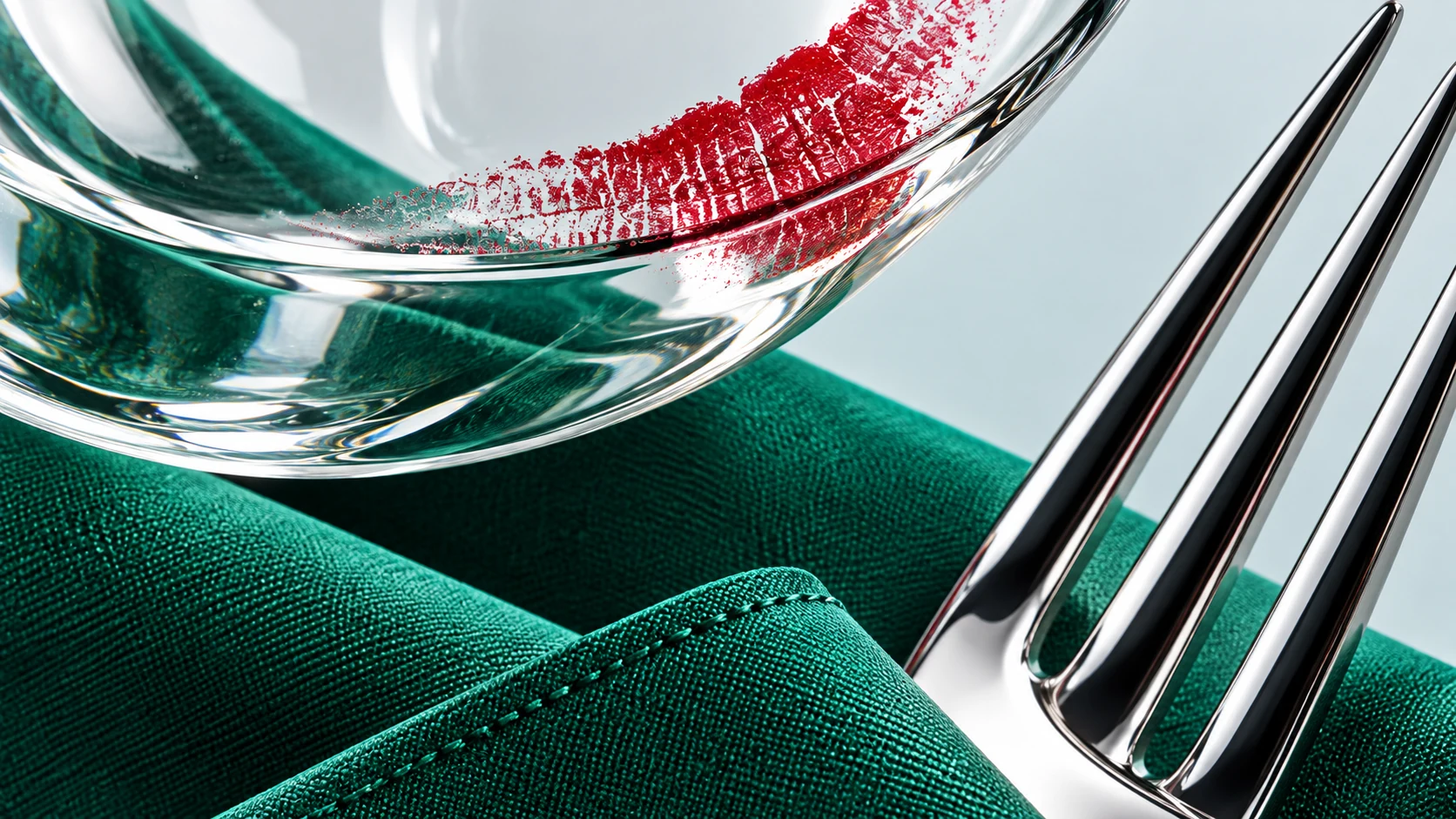Roter Lippenabdruck auf Glas über grünem Stoff neben spiegelndem Besteck