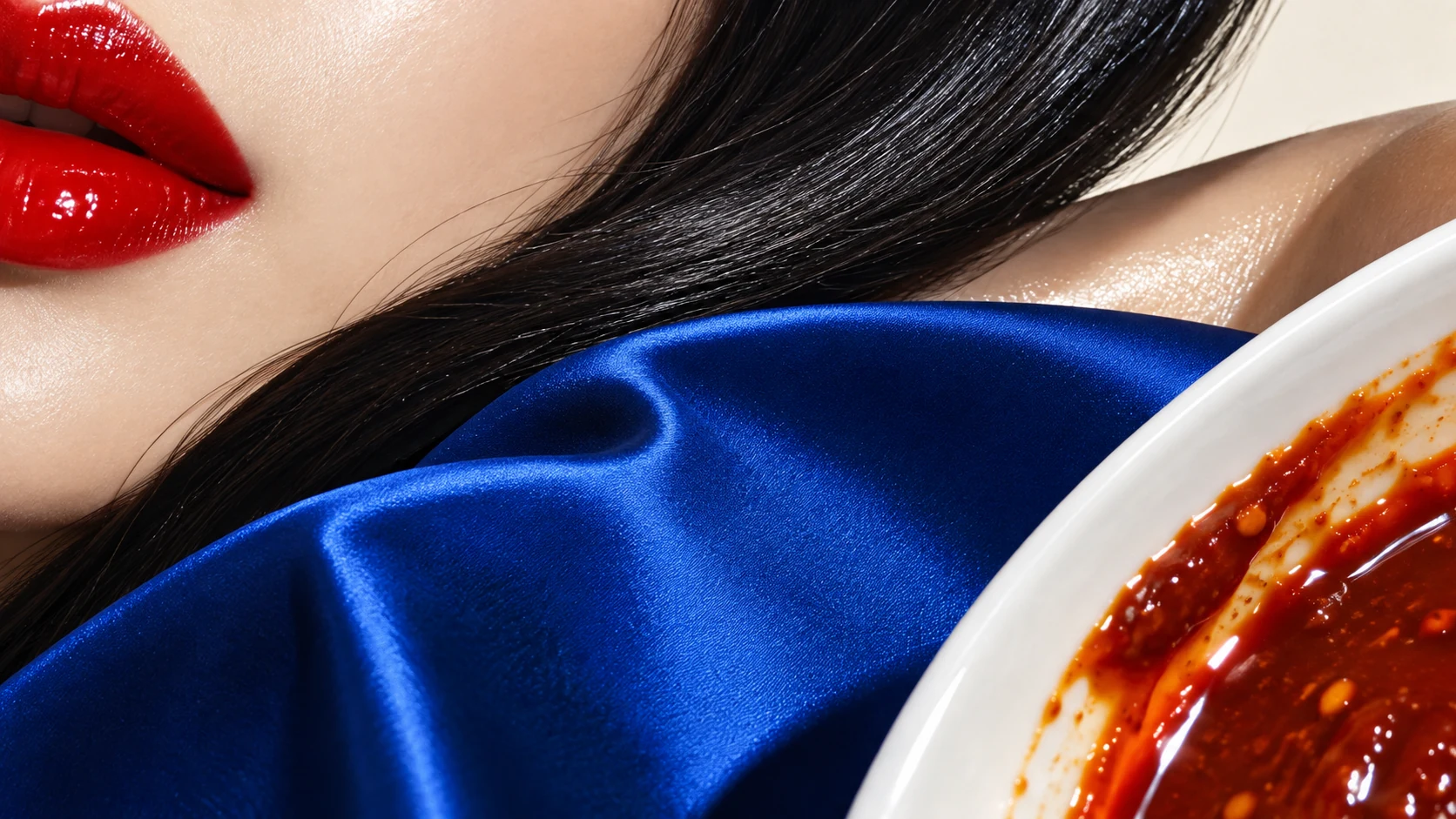 Glänzende rote Lippen, schwarzes Haar, blauer Satin und eine Schale mit roter Sauce in extremer Nahsicht