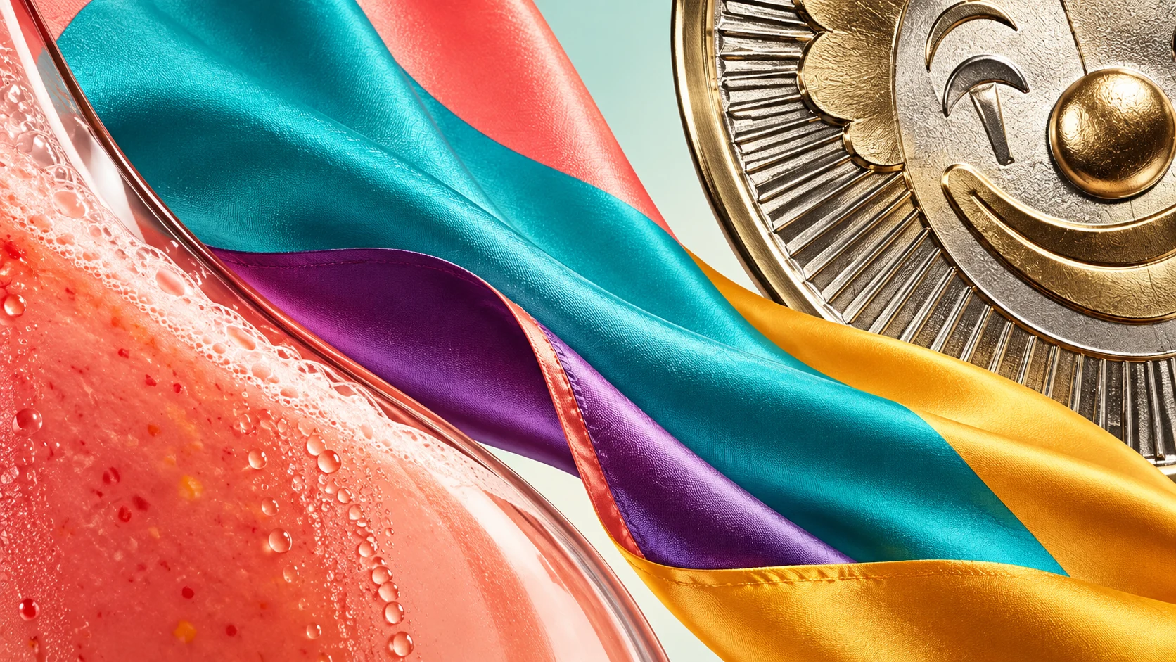 Türkiser, violetter und goldener Satin zwischen einem roten Getränk und einer metallischen Medaille