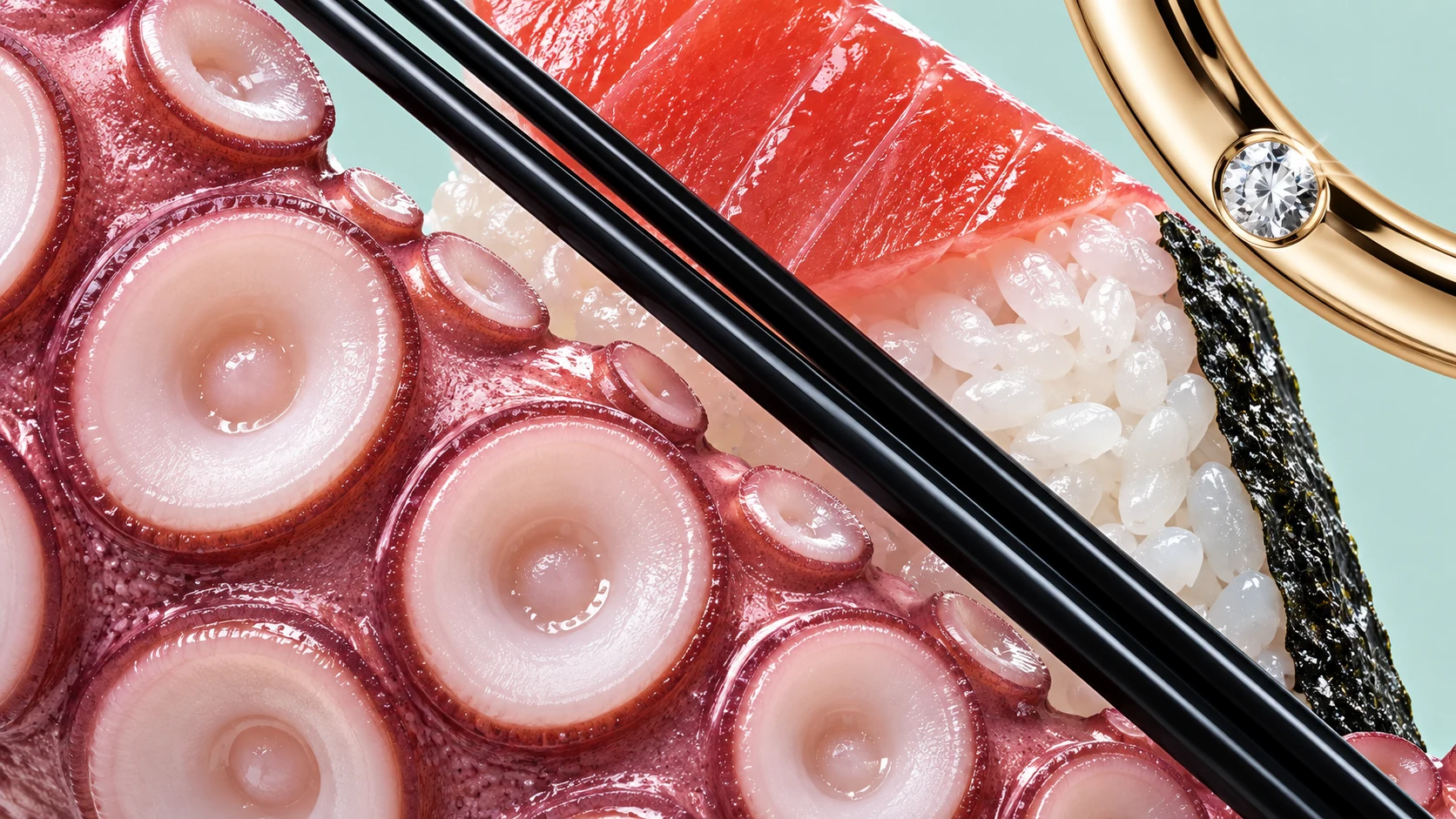 Makroaufnahme von Oktopus und Sushi, gekreuzt von schwarzen Stäbchen und einem goldenen Schmuckbogen