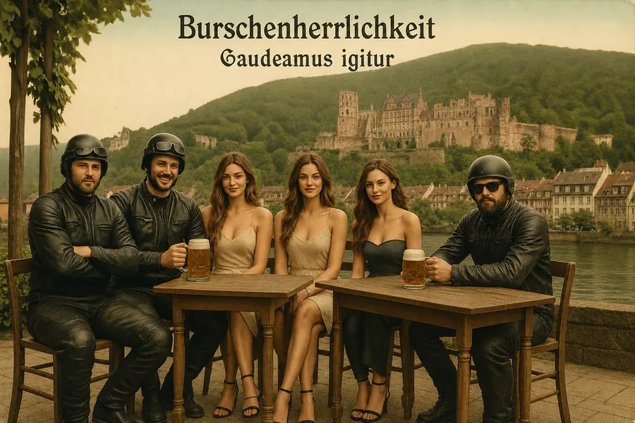 Historisierende Studentenpostkarte mit Motorradfahrern, Frauen und Heidelberger Schloss
