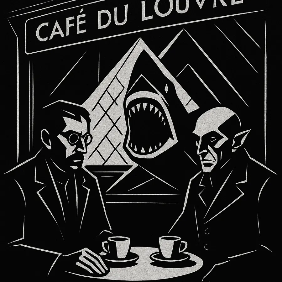 Schwarzweiße expressionistische Cafészene mit zwei Männern, kantigen Linien und dunkler Bildfläche