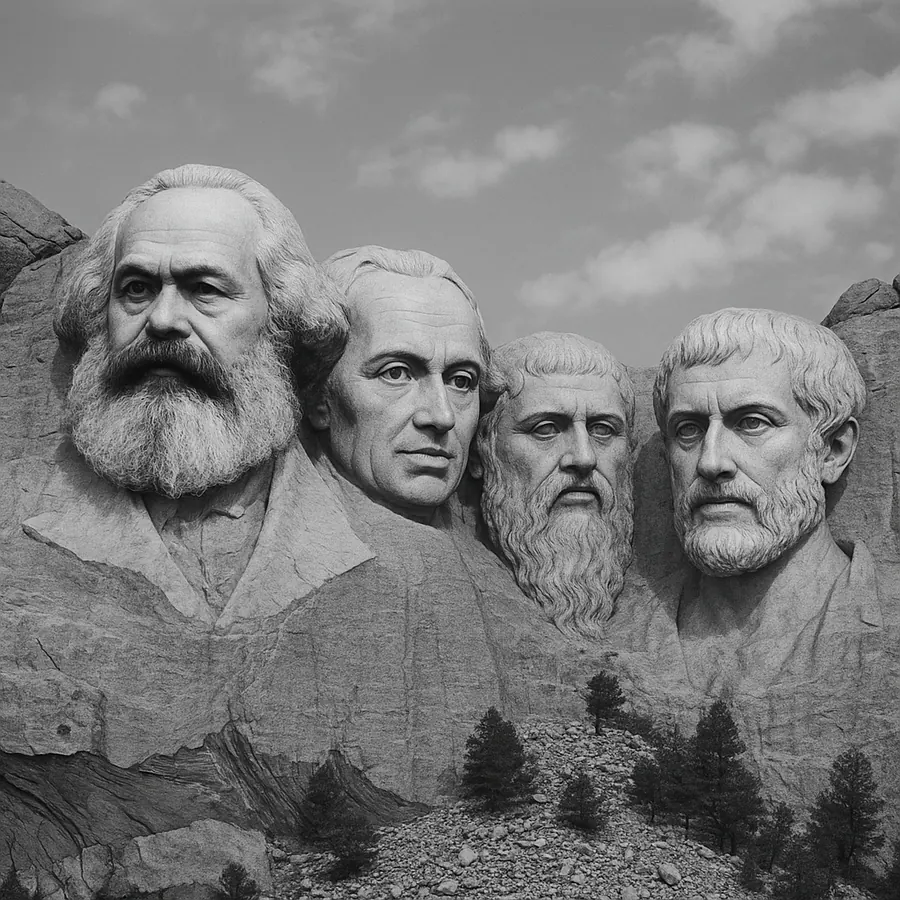 Marx, Kant, Platon und Aristoteles als monumentale Köpfe im Fels