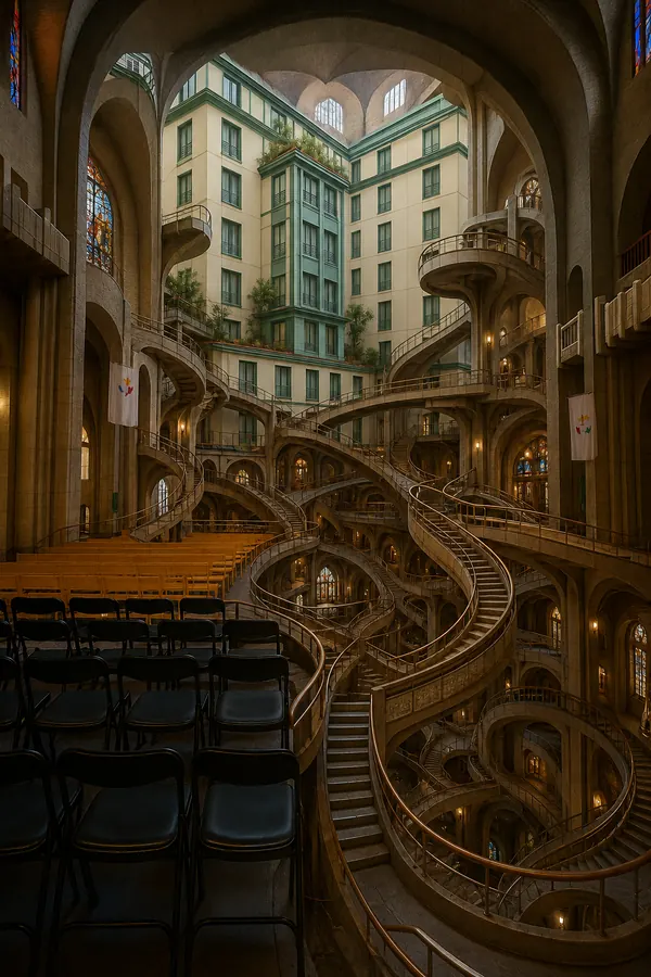 Monumentaler Innenraum aus Kirchengewölben, Wohnhaus und verschlungenen Treppen