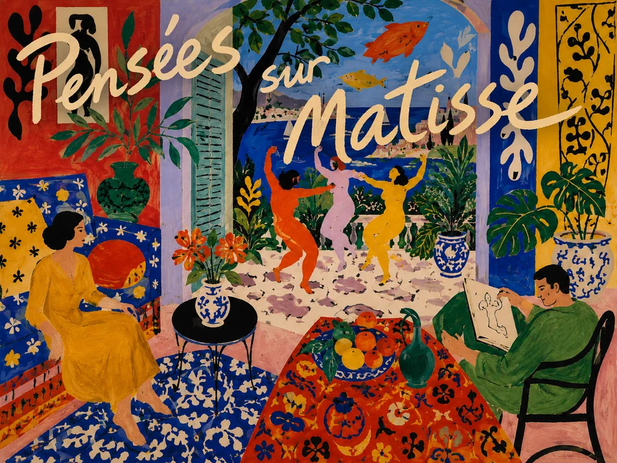 Farbiges Interieur mit Pflanzen, Ornamenten, Figuren und dem Schriftzug Pensées sur Matisse