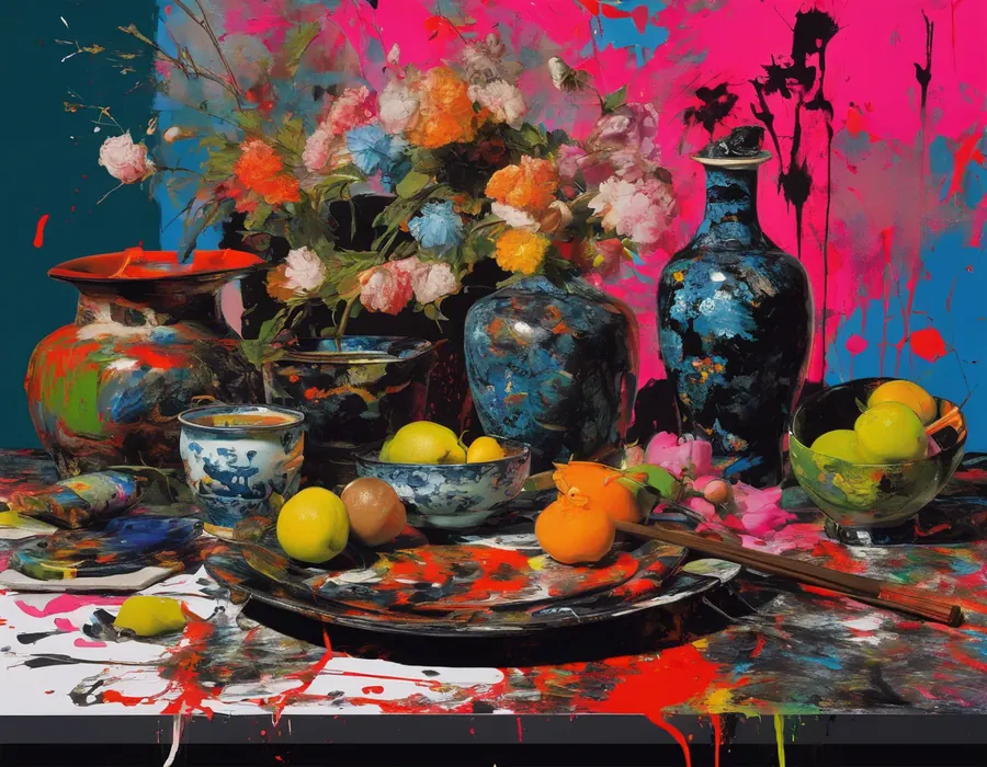 Expressives Stillleben mit Blumen, Gefäßen, Früchten und kräftigen Farbflächen