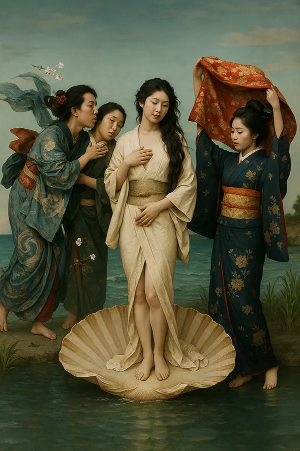 Neuinterpretation der Geburt der Venus mit vier Frauen in Kimonos