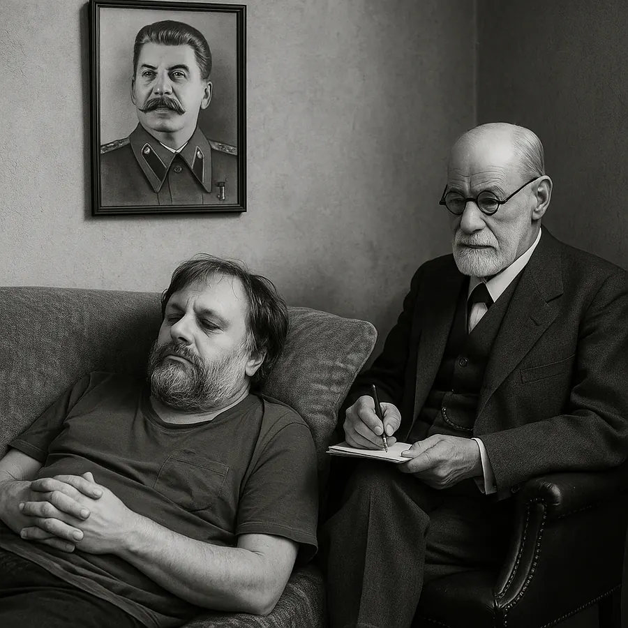 Slavoj Žižek auf der Couch bei Sigmund Freud unter einem Stalinporträt