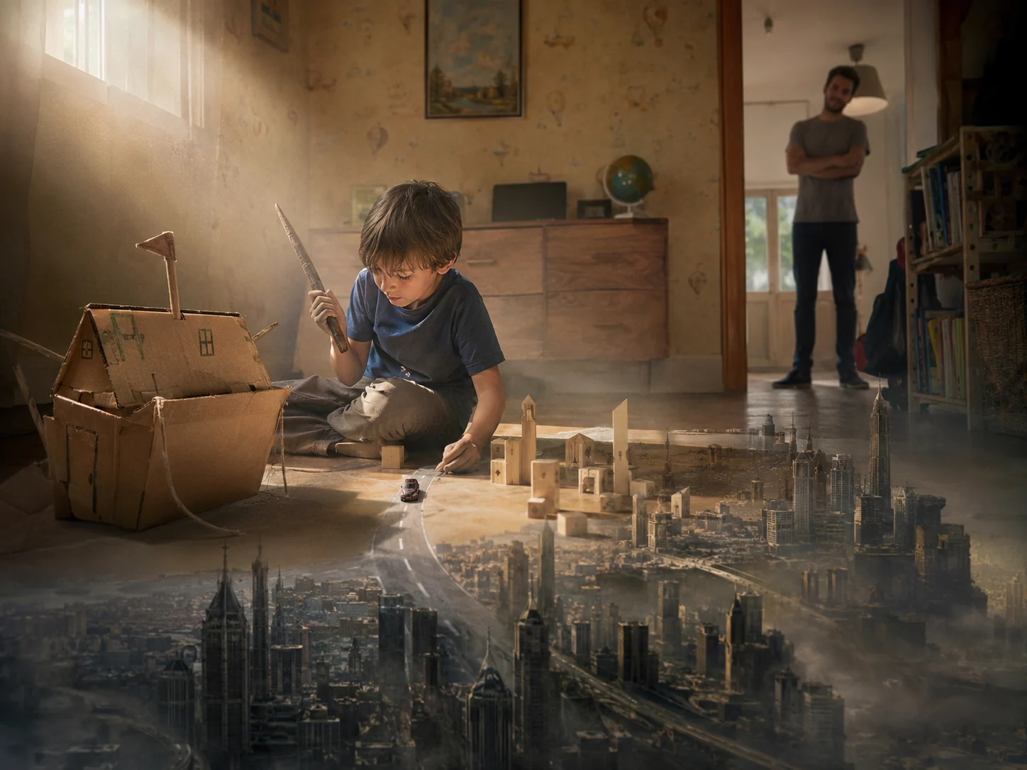 Kind baut auf dem Boden eine Stadt, die in eine imaginäre Metropole übergeht