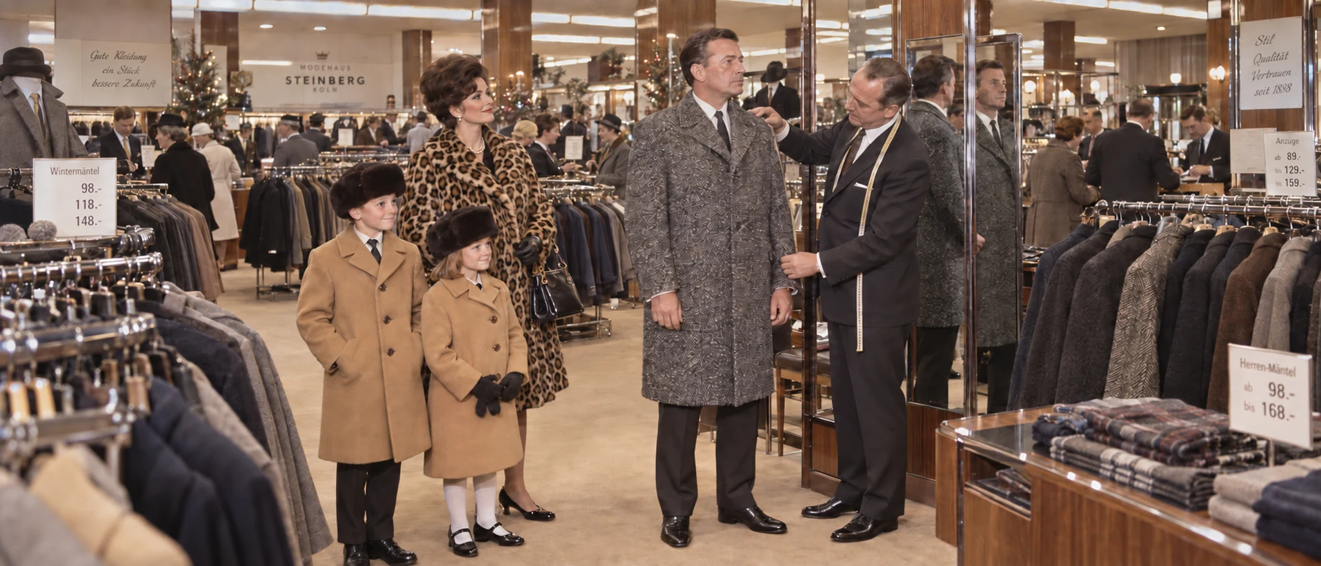KI-generierte historische Szene eines Familieneinkaufs im Modehaus Steinberg 1966 mit Pfeffer-und-Salz-Mantel, Kamelhaarmänteln und Leopardenfellmantel