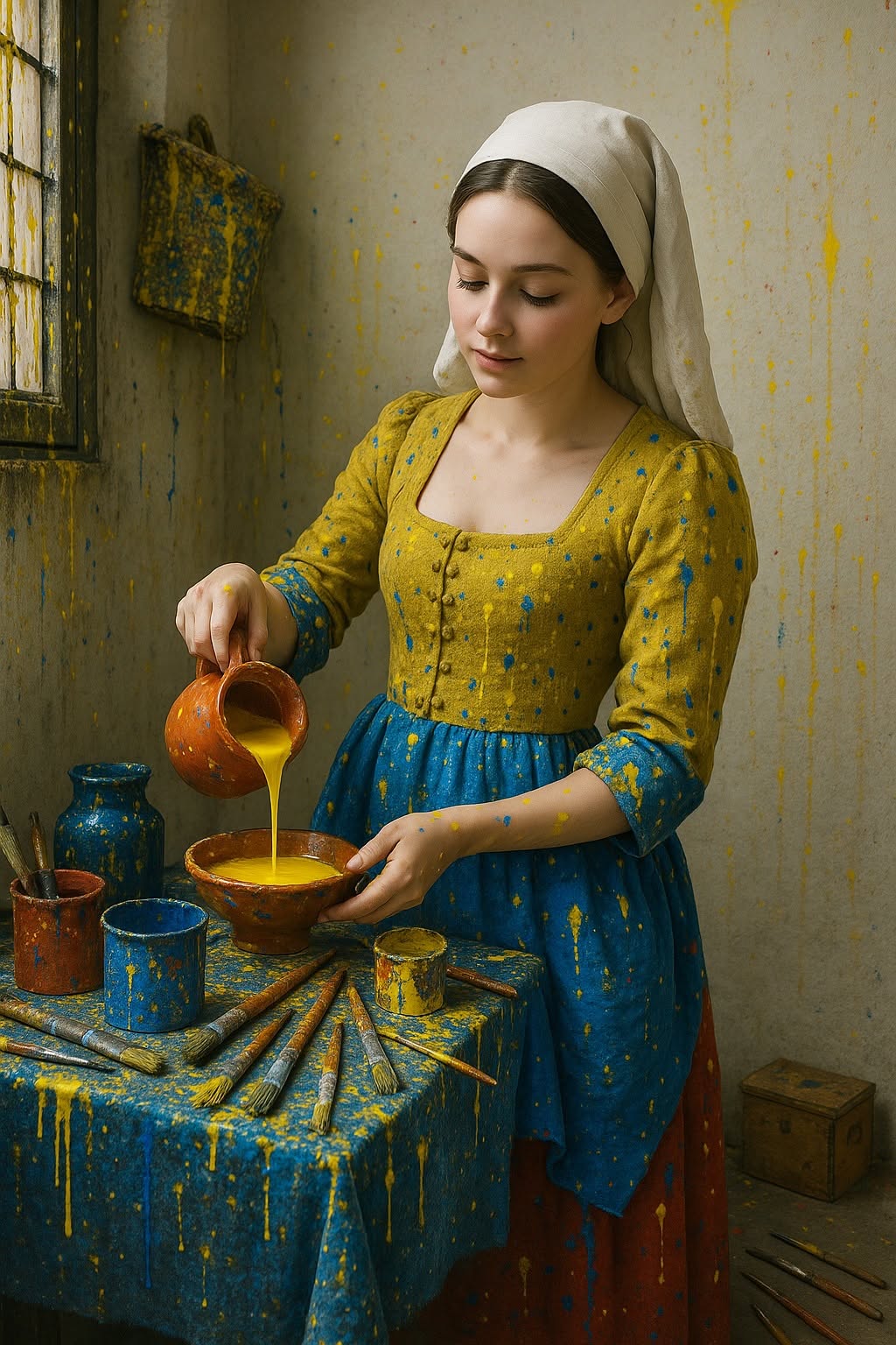 Junge Frau in historischer Kleidung mischt gelbe Farbe in einem Atelier