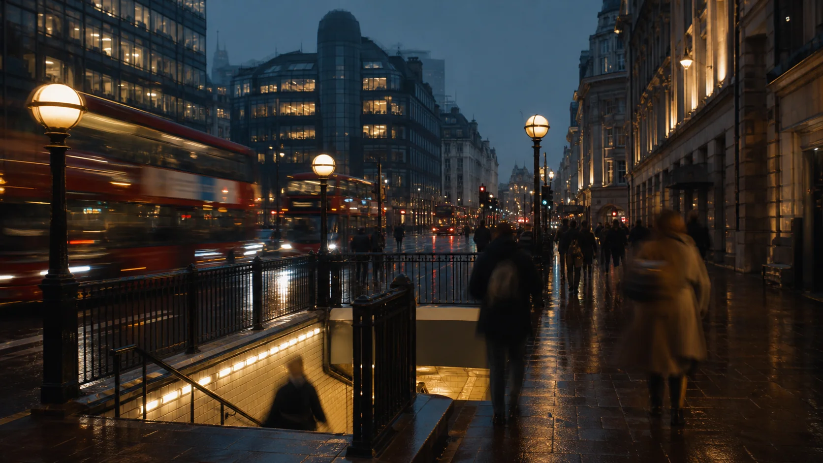 Londoner Straße bei Dämmerung mit nassem Asphalt, Menschen in Bewegung und einem Zugang zur Underground
