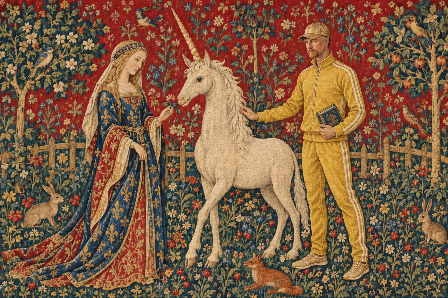 Mittelalterliche Dame, Einhorn und Goldkappenträger in einem Millefleurs-Garten