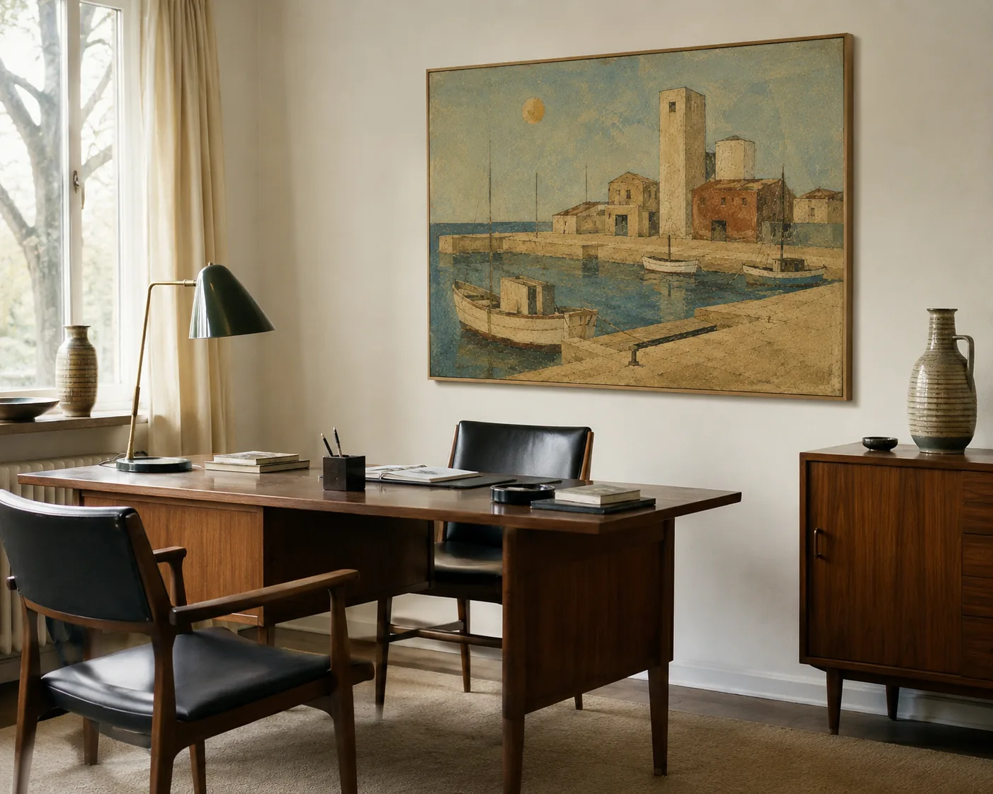 Ruhiges Arbeitszimmer mit Schreibtisch und großem Küstenbild