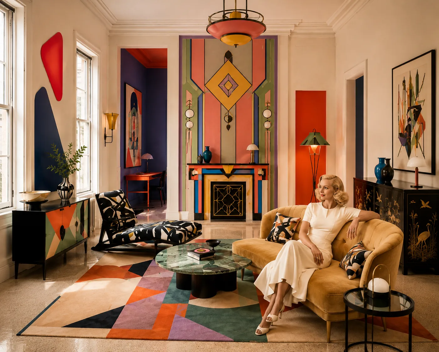Farbig gestaltetes Interieur mit geometrischen Flächen, Ornamenten und sitzender Figur