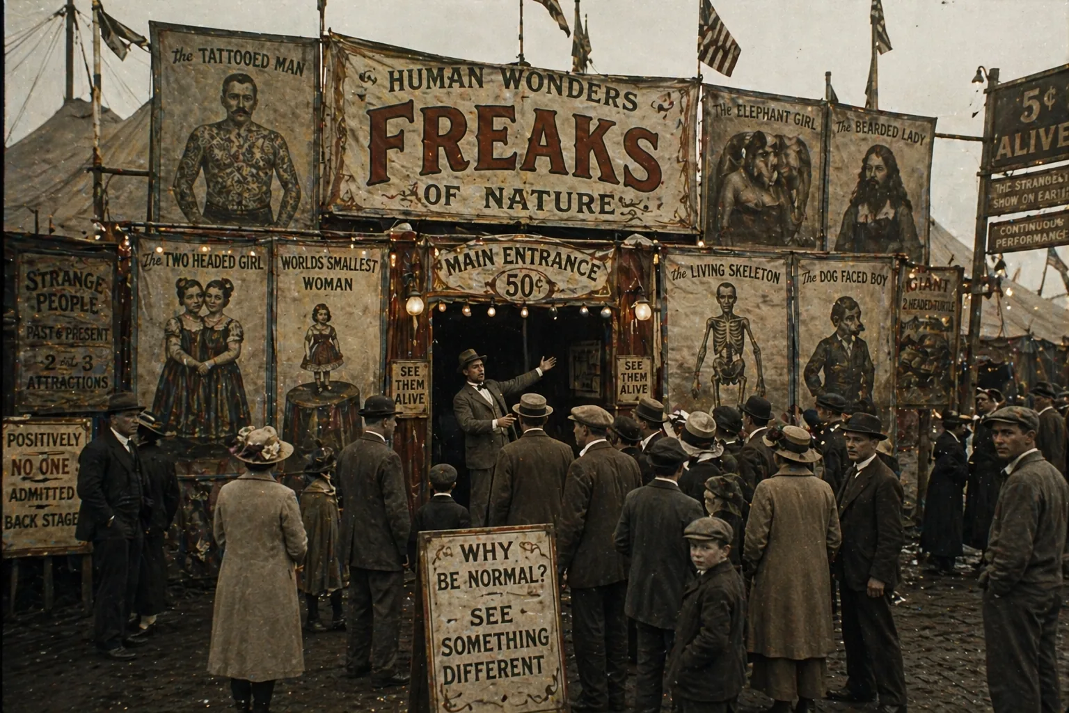 Historisierende Jahrmarktszene vor einer Freak-Show
