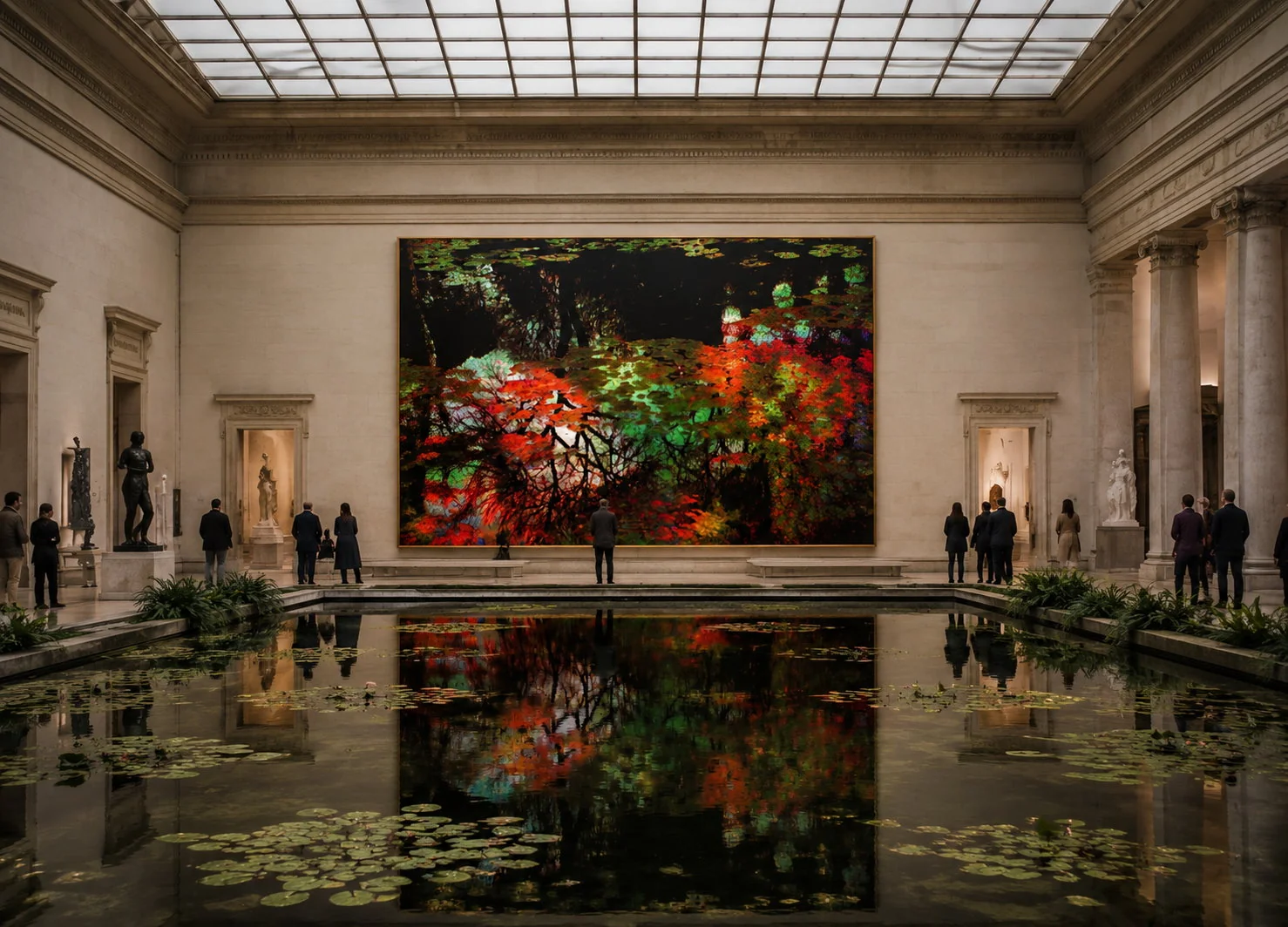 Werk von Goedart Palm als großformatige imaginierte Ausstellungssituation mit Spiegelungsbecken