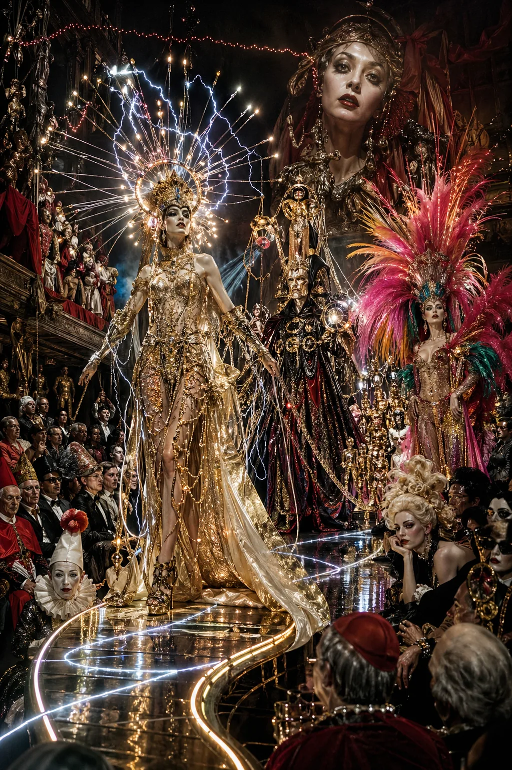 Theatralisches Modespektakel mit Masken und Licht