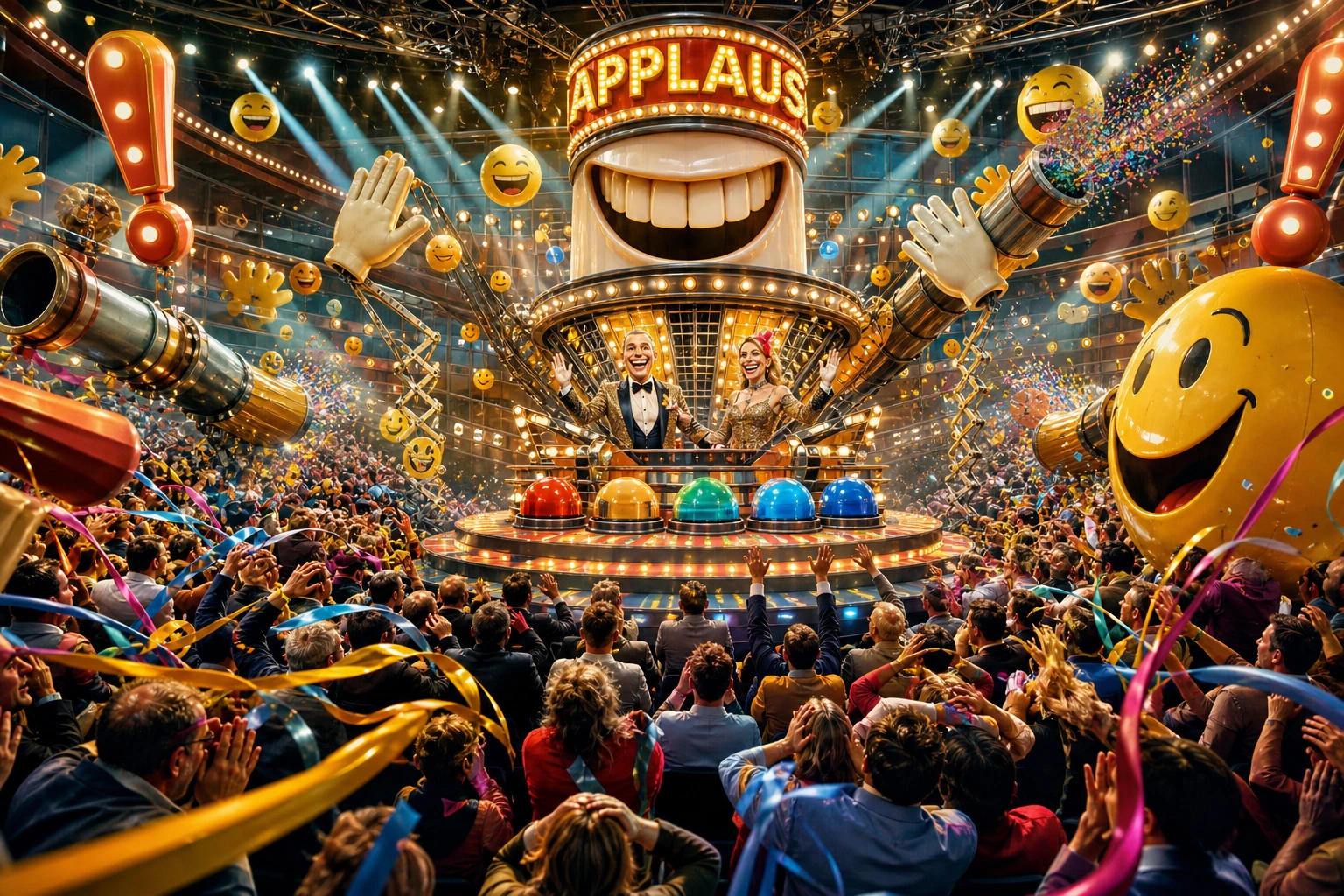 Groteske Fernsehshow mit riesiger Lachmaschine, Konfettikanonen und einem überwältigten Publikum
