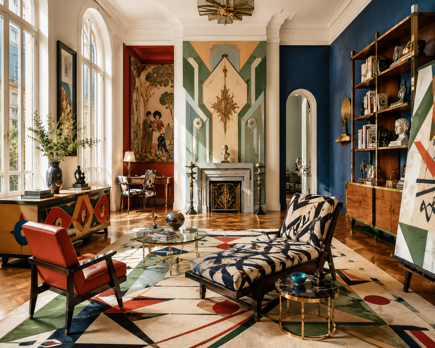 Heller Salon mit Kunstwerken, Bücherregalen und geometrischen Mustern