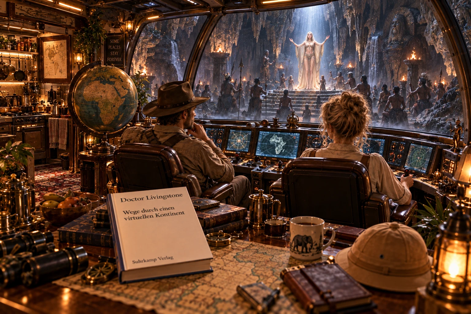 Zwei Reisende blicken aus einem wohnlichen Cockpit in die monumentale Ritualhöhle Ayeshas