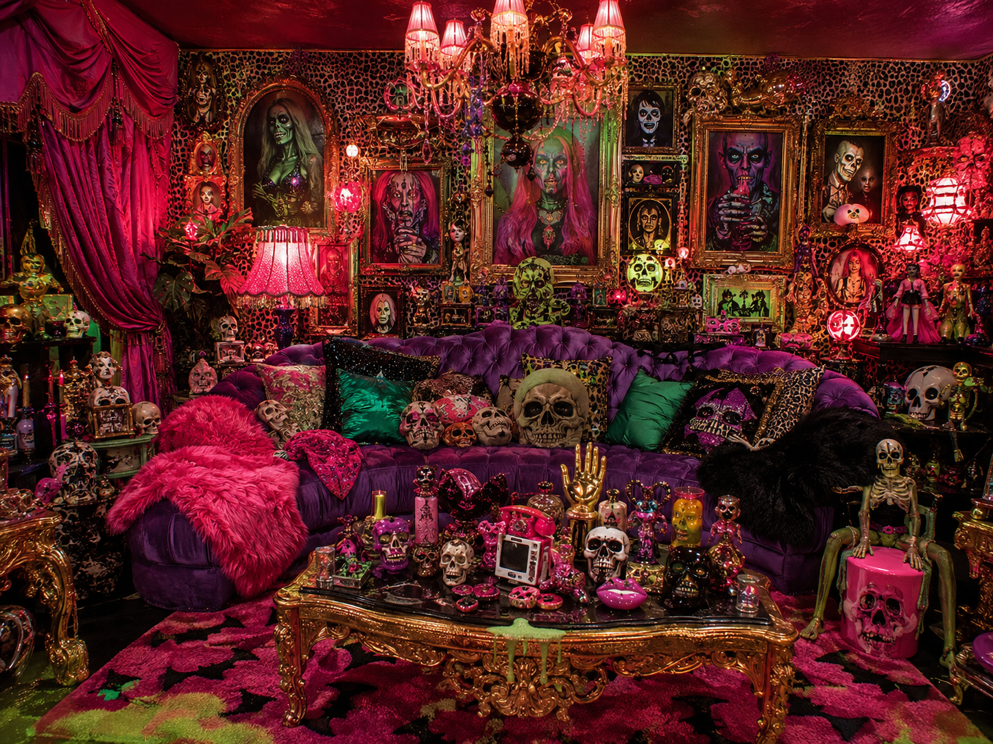 Überladenes violett-pinkes Wohnzimmer mit Totenschädeln, Horrorfiguren und goldenen Möbeln
