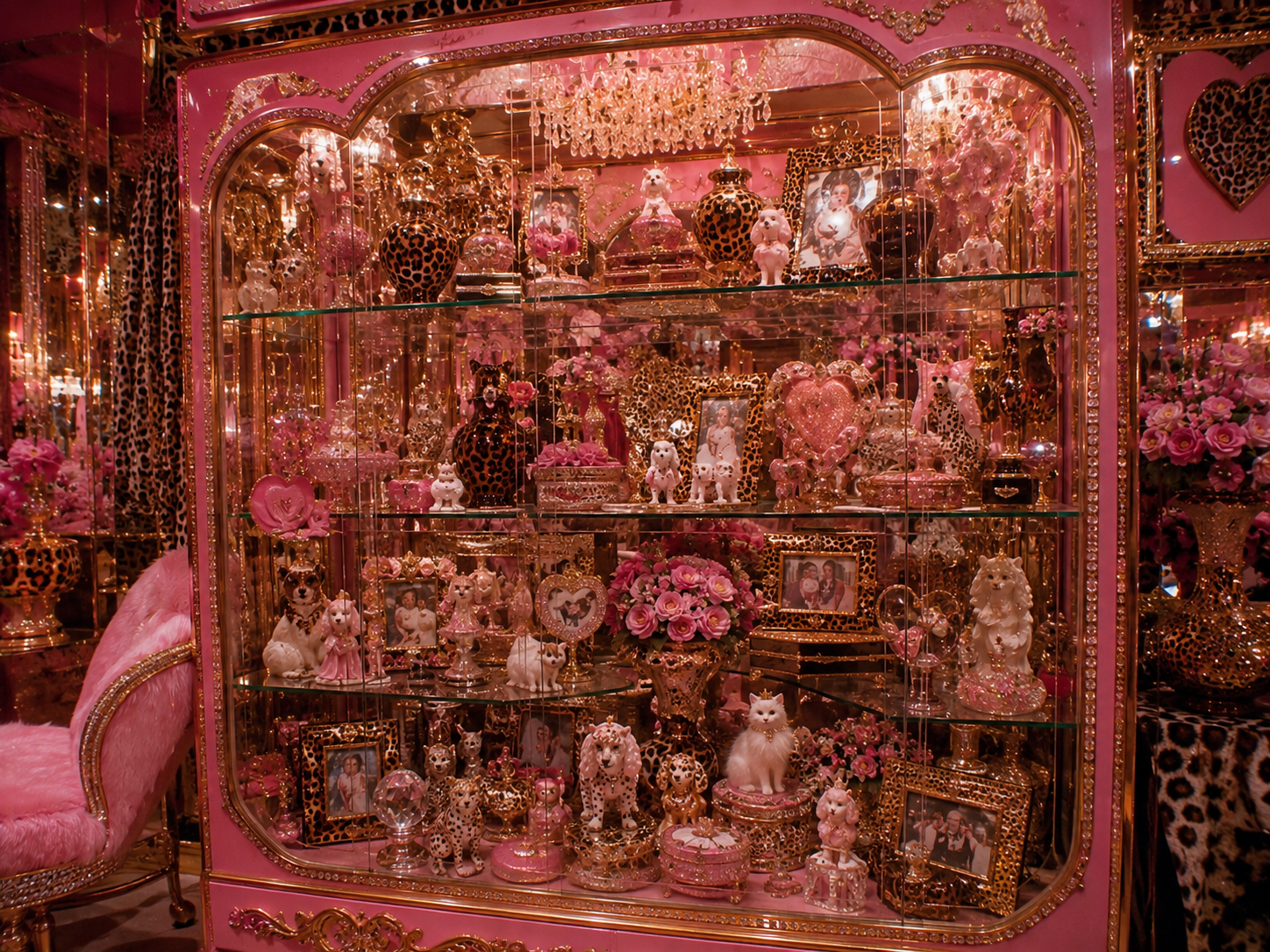 Verspiegelte pink-goldene Vitrine voller Katzenfiguren, Herzen, Rosen und Leopardenmuster