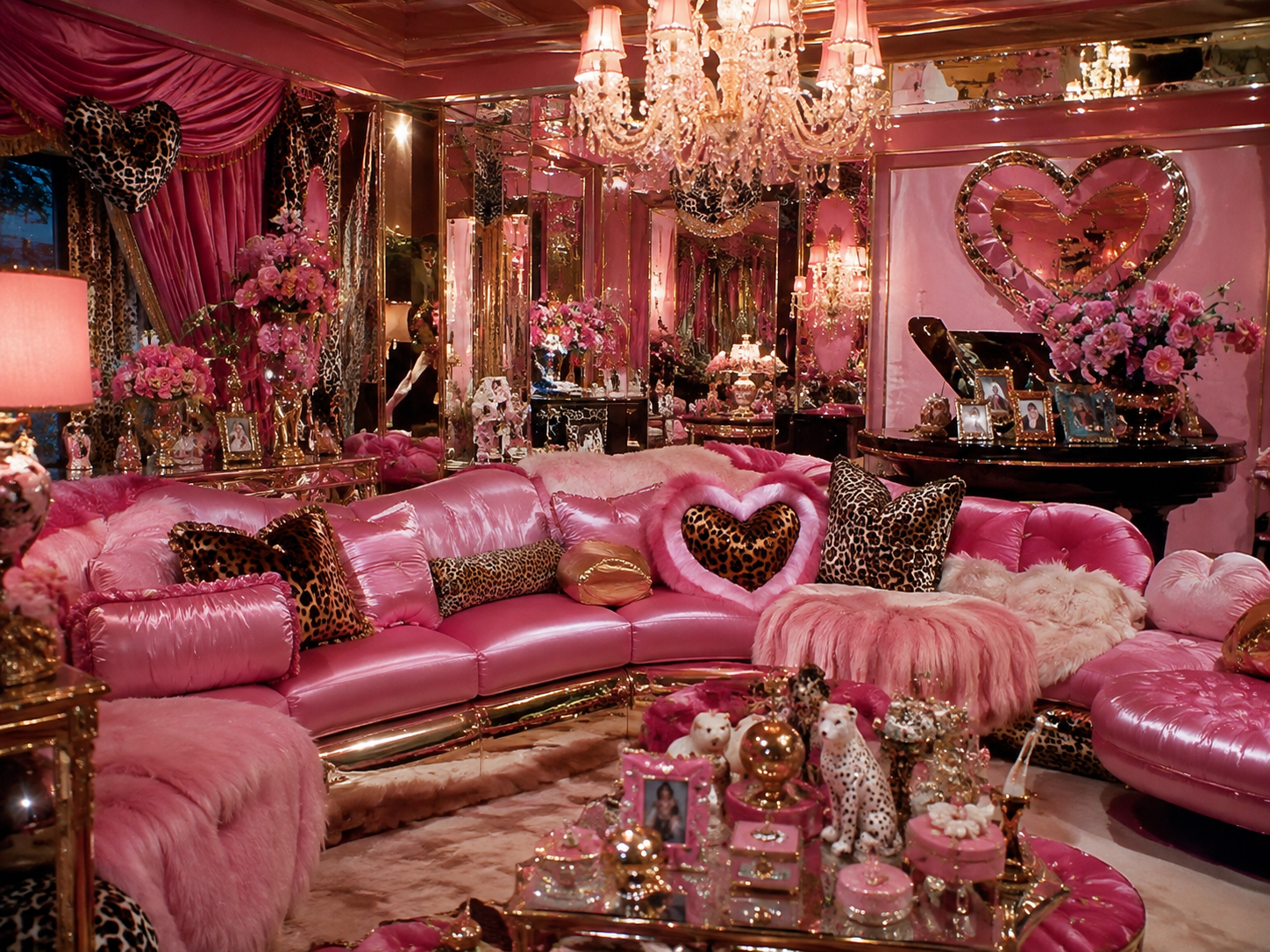 Extrem pinkes verspiegeltes Wohnzimmer mit Leopardenkissen, Kristallleuchtern und Herzspiegel